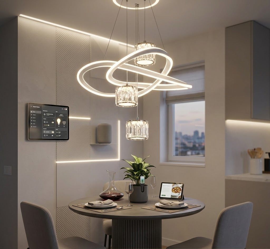 LED loop pendant light with crystal shades installed above a dining table.