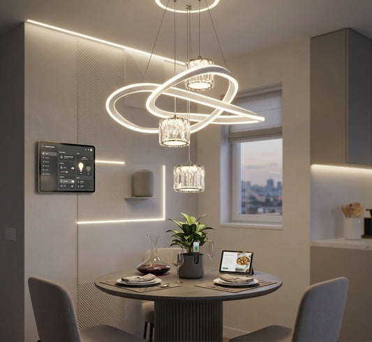 LED loop pendant light with crystal shades installed above a dining table.