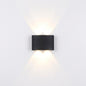 Black LED wall sconce installed beside a front door, illuminated at dusk.