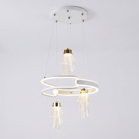 Gold LED pendant light with three glowing glass shades and white curved ring elements.